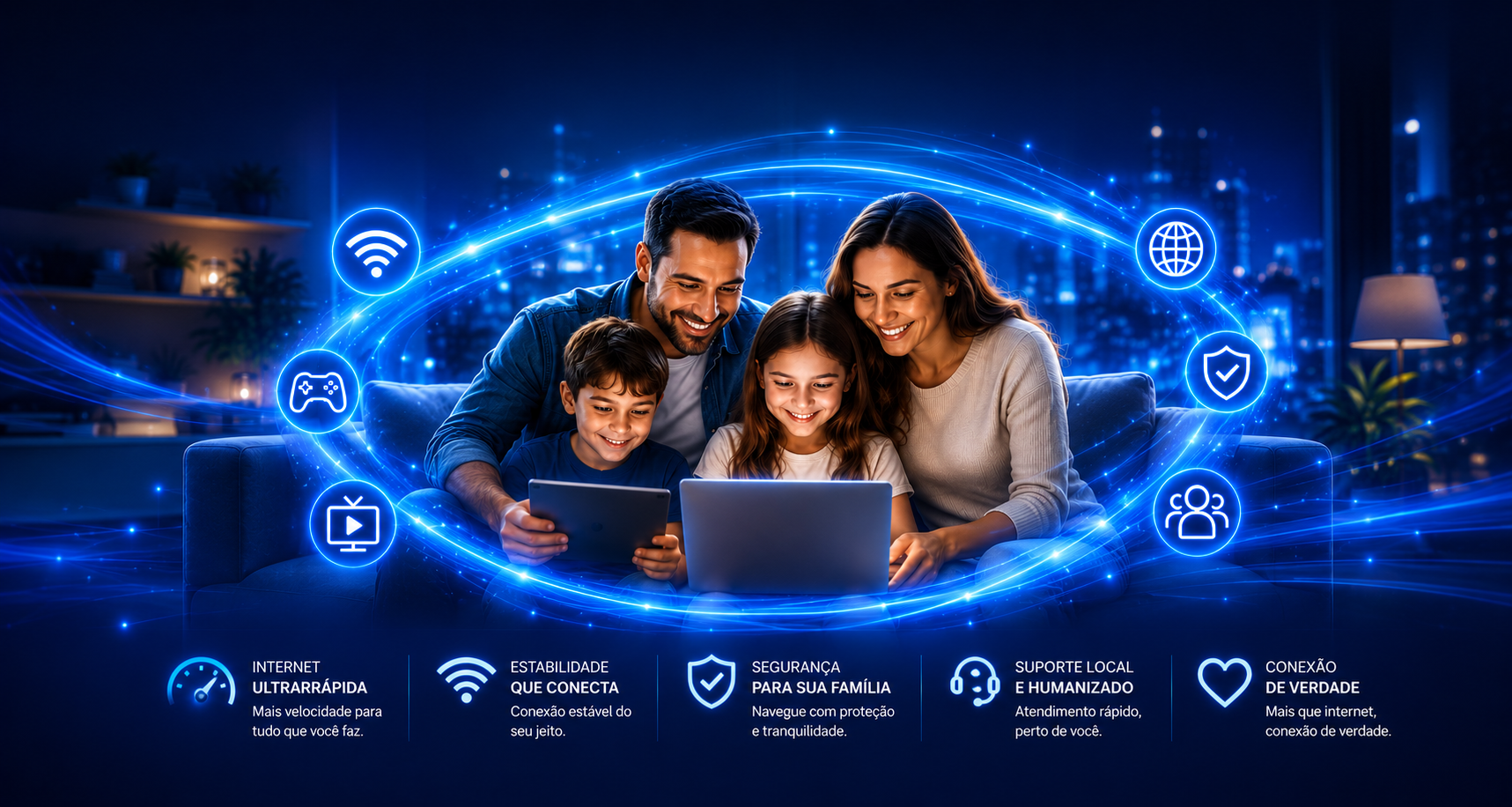 Família conectada com luzes de internet ao redor